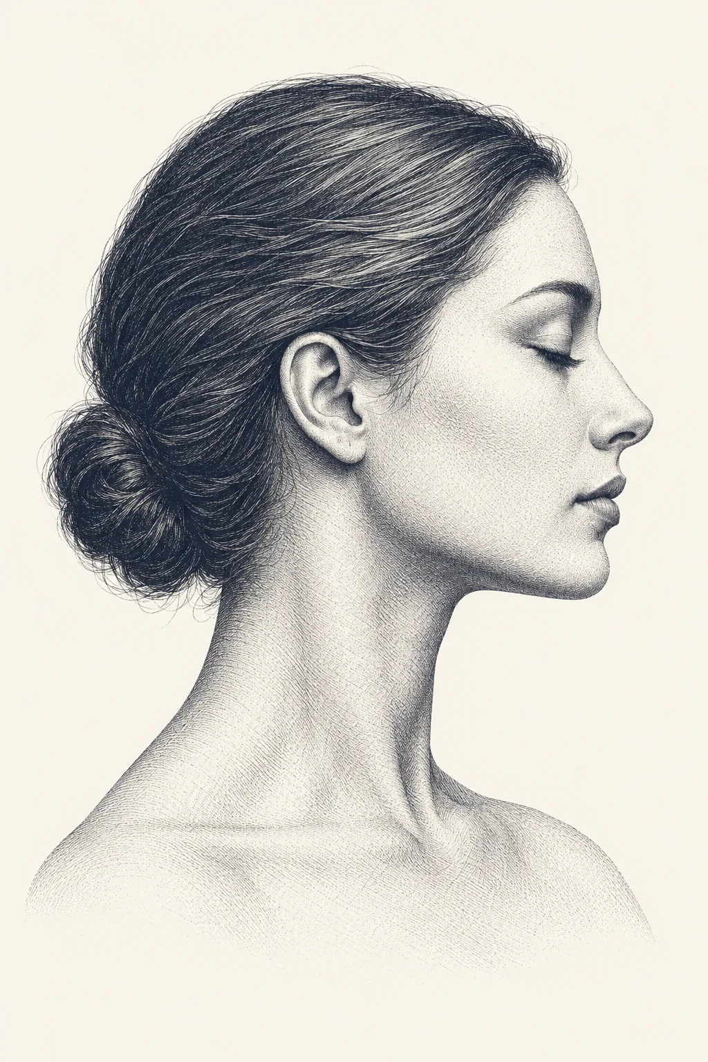 Gravura em tinta azul de uma mulher de perfil, com o rosto, o maxilar e o pescoço desenhados em traços finos